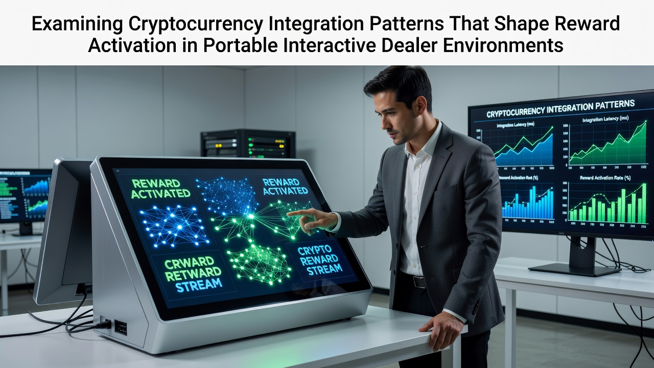 Cryptocurrency integration patterns in portable interactive dealer environments showing blockchain transaction flows and mobile reward activation
