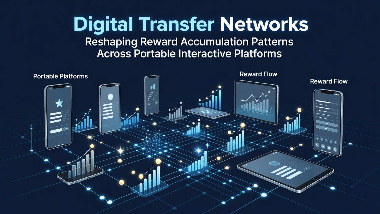 Illustration of digital transfer networks connecting mobile devices and reward systems