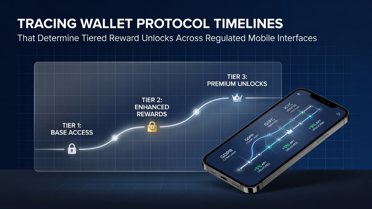 Diagram showing wallet protocol timelines and tiered reward structures in mobile interfaces