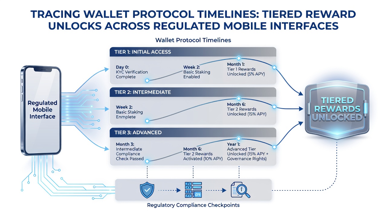 Illustration of mobile interface displaying tiered reward progress based on wallet timelines