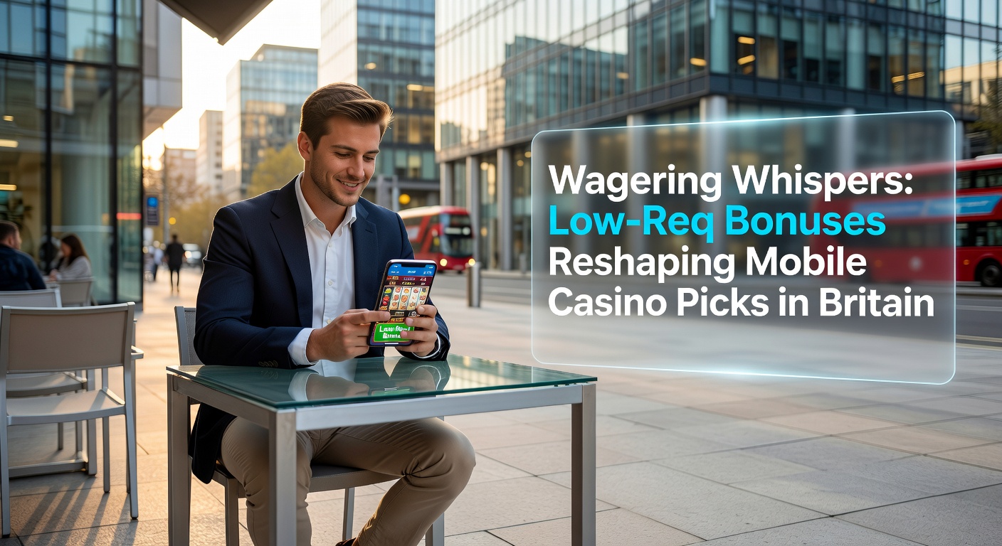 Smartphone displaying a mobile casino app with low wagering bonus promotions highlighted on screen, surrounded by British landmarks like Big Ben in the background